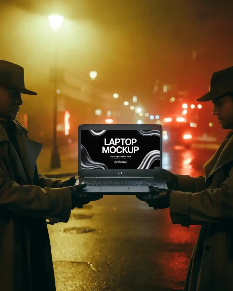 Mysterious Hp Laptop Mockup Night Scene With Two Figures In Coats Under Street Lamp Glow