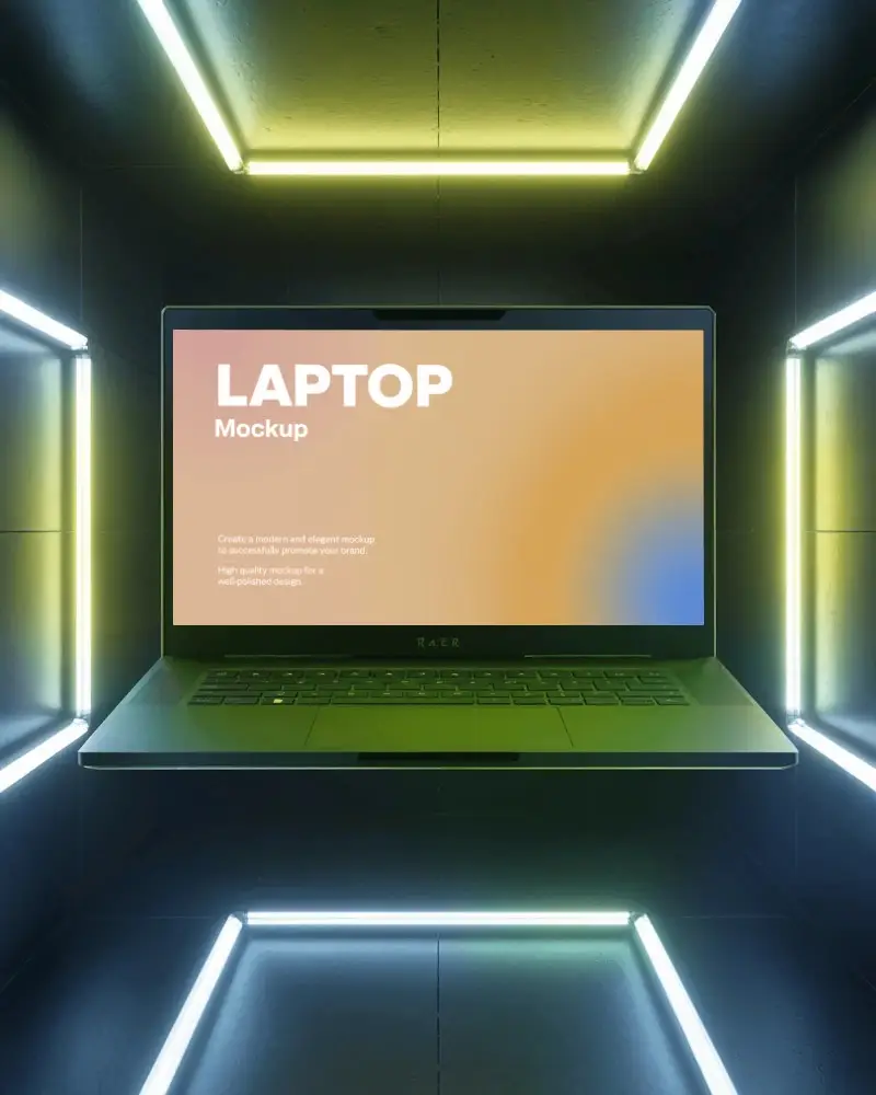 Razer Gaming Laptop Mockup Floating In Neon Light Cube With Futuristic Sci Fi Ambience