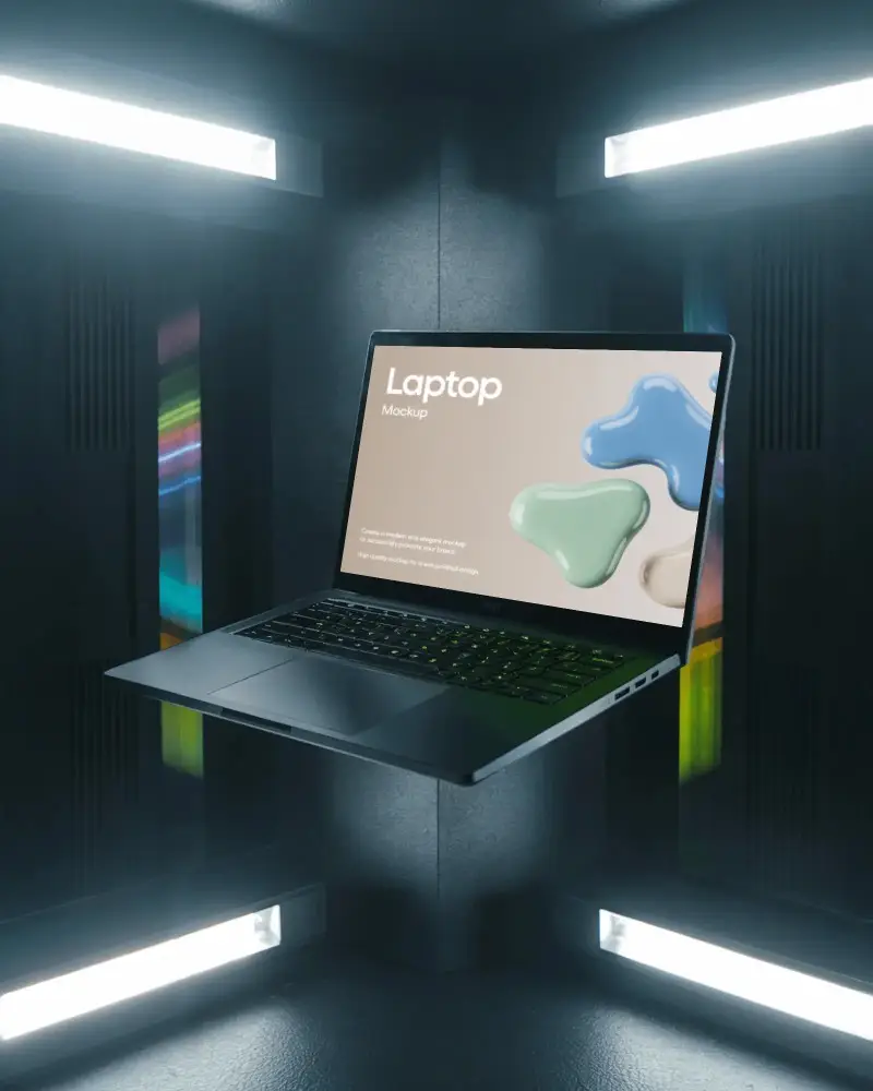 Razer Laptop Mockup Floating In Modern Lightbox With Bright Led Panels And Dark Studio Vibe