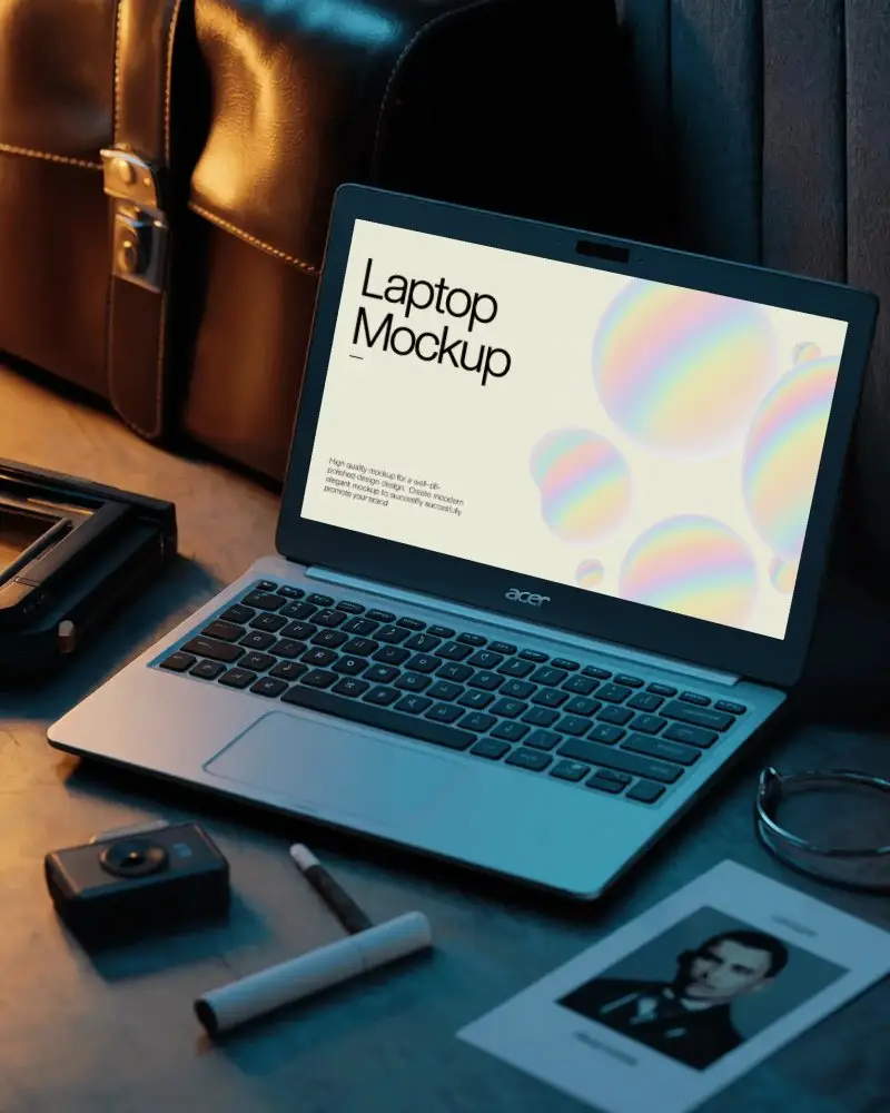 Acer Laptop Mockup On Desk With Camera Documents And Leather Bag In Spy Thriller Ambience
