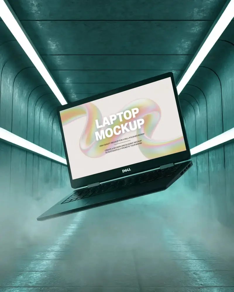 Dell Laptop Mockup Floating In Sci Fi Tunnel With Fog And Modern Neon Ceiling Lights