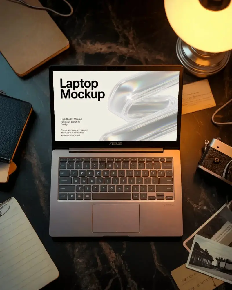 Asus Laptop Mockup On Desk With Warm Lamp Light And Vintage Camera In Cozy Creative Scene