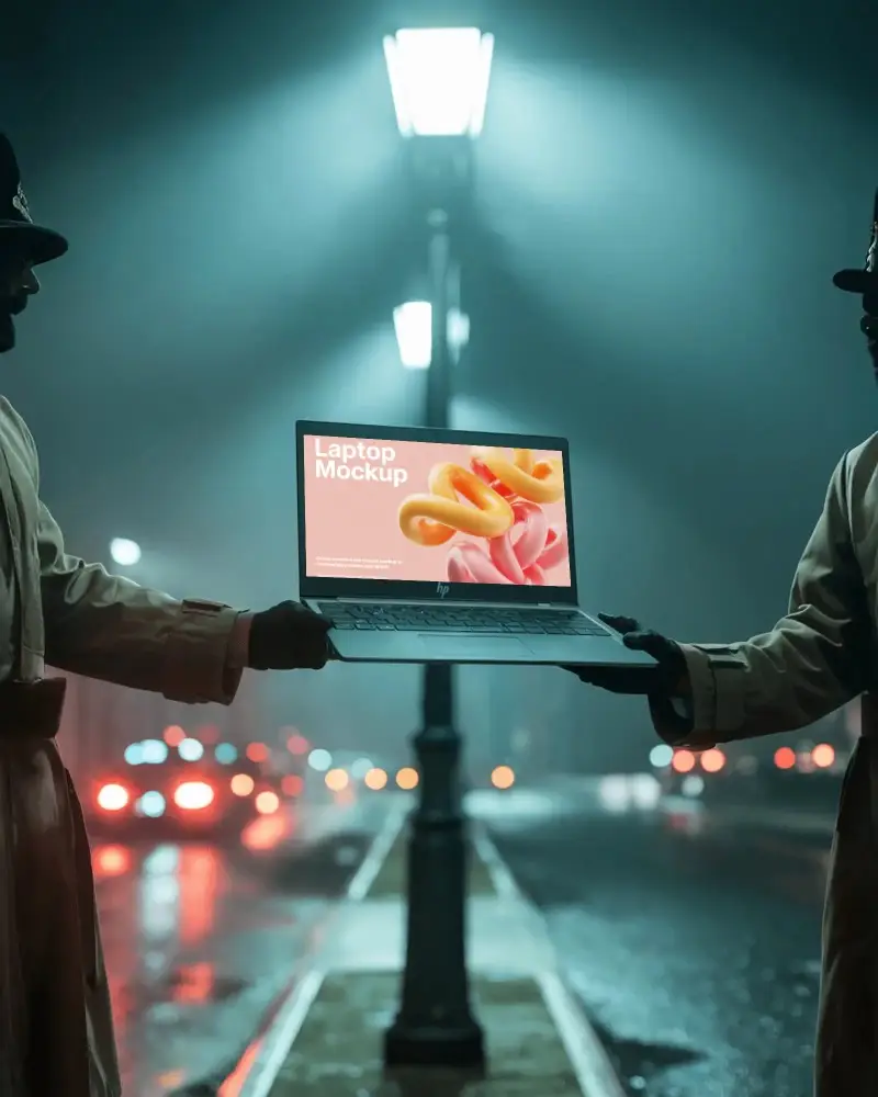 Cinematic Hp Laptop Mockup Night Scene With Two Figures Exchanging Device Under Lamp Post