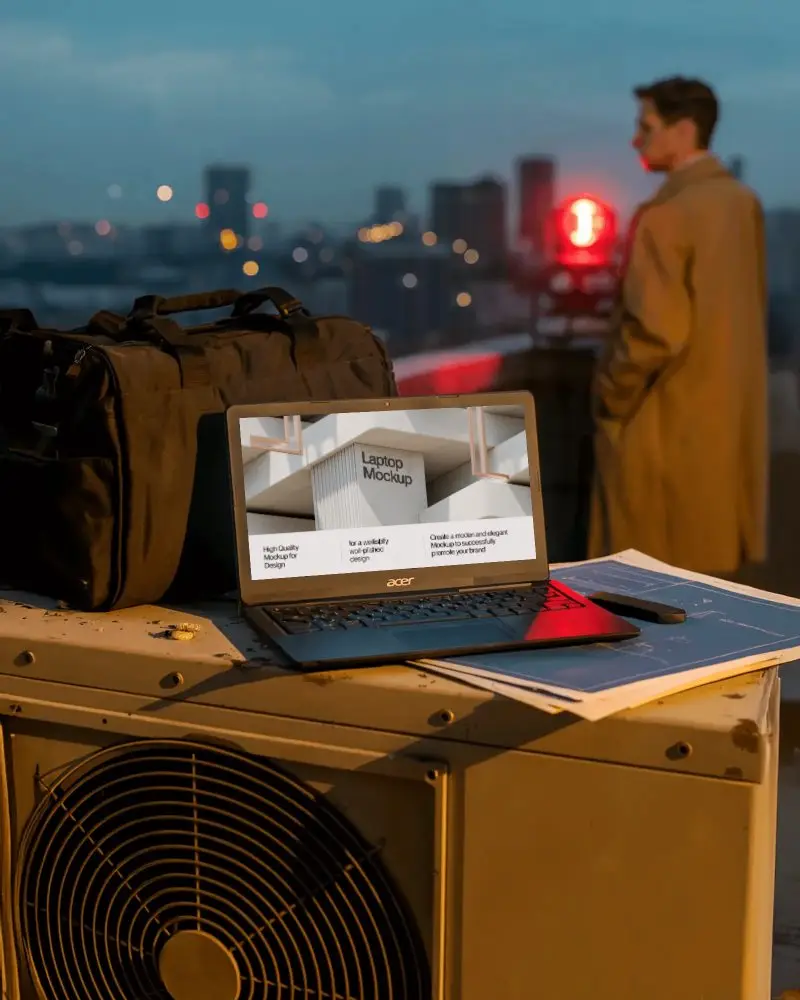 Acer Laptop Mockup On Rooftop With City Lights And Detective Figure In Coat At Sunset Scene