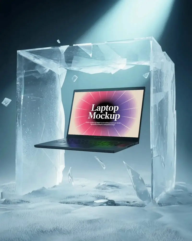 Razer Gaming Laptop Mockup Trapped In Ice Block With Dramatic Lighting And Frosty Surroundings