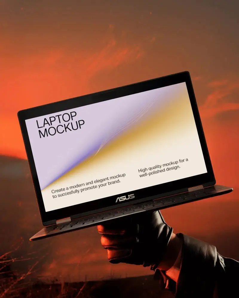 Cinematic Asus Laptop Mockup Held Up High In Gloved Hand With Burning Sunset Background