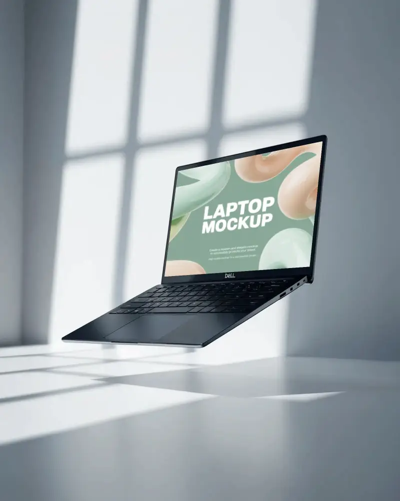 Dell Laptop Mockup Floating In Bright Sunlit Room With Clean Shadows And Minimalist Style