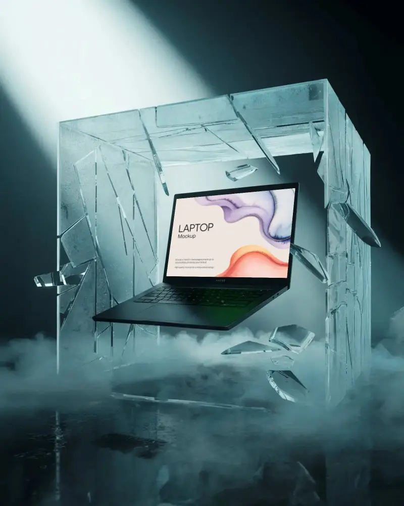 Razer Gaming Laptop Mockup Breaking Through Ice Cube With Dramatic Light And Misty Fog