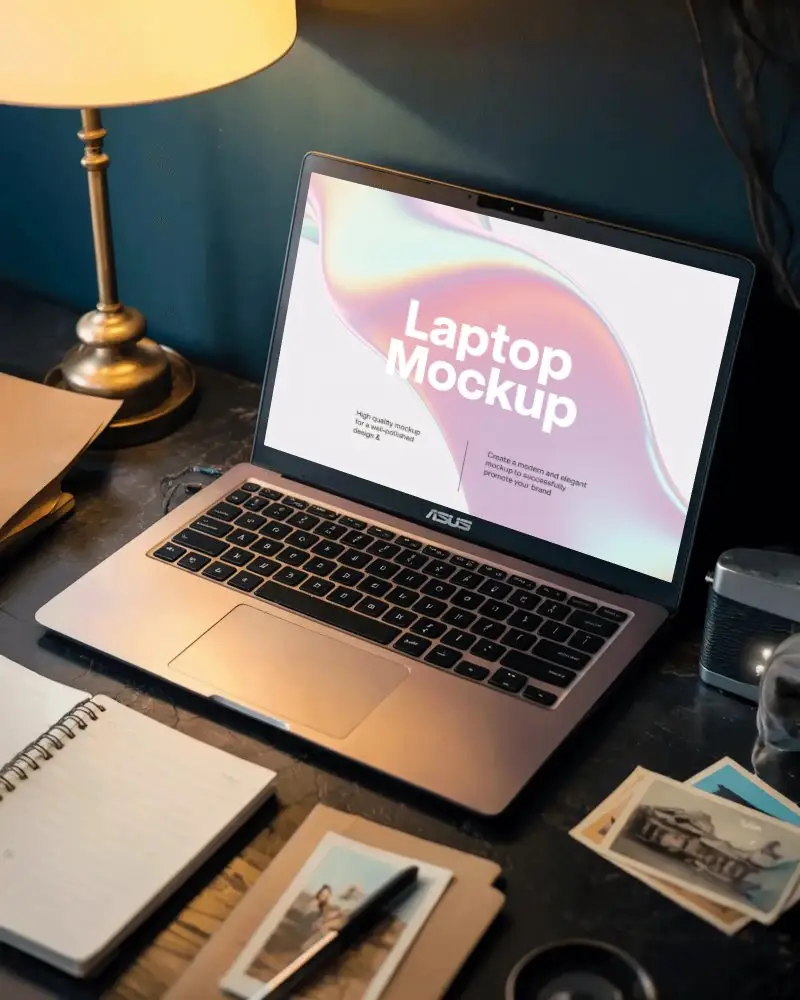 Asus Laptop Mockup On Cozy Desk With Warm Lamp Notebook And Vintage Photos For Creative Work
