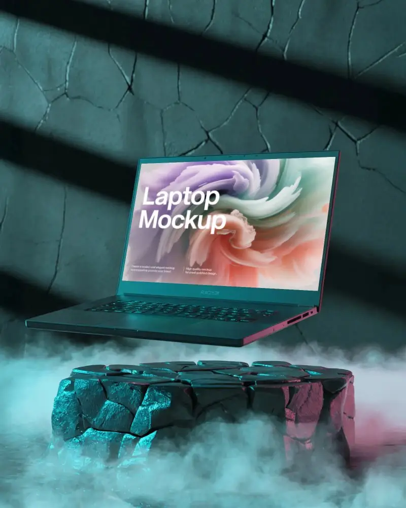 Razer Gaming Laptop Mockup Floating Above Rocky Pedestal With Dramatic Mist And Moody Light