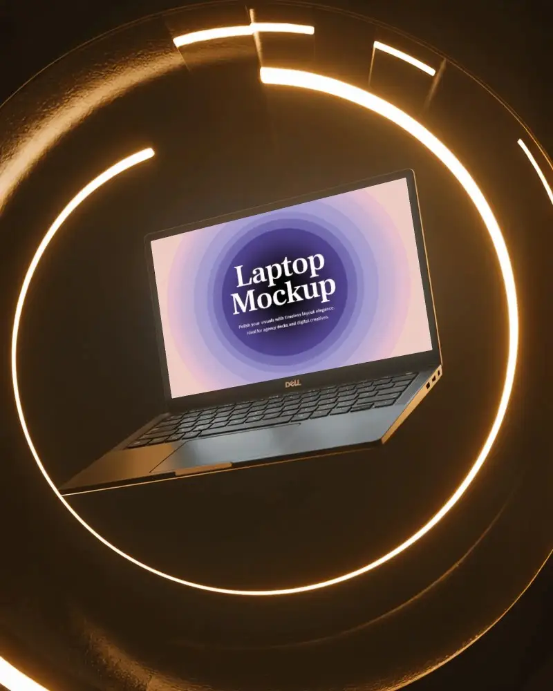 Dell Laptop Mockup Floating Inside Glowing Ring With Futuristic Lighting And Dark Background