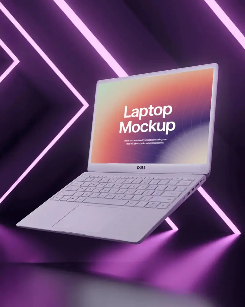 Dell Laptop Mockup Floating In Purple Neon Light Scene With Modern Digital Futuristic Style