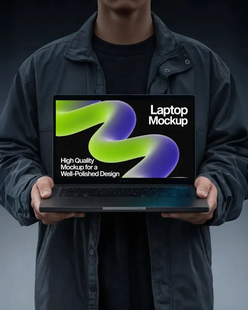 Modern Laptop Mockup Front View Held By Person In Dark Jacket Clean Tech Presentation