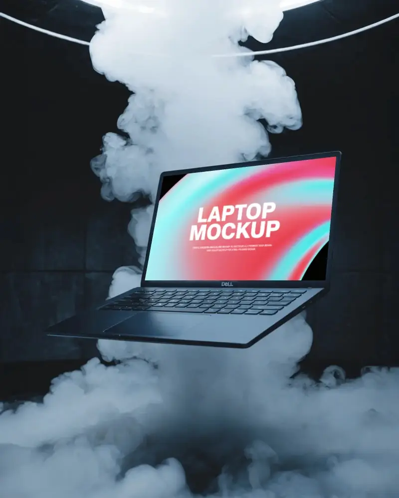 Futuristic Dell Laptop Mockup Floating In Smoke With Dramatic Lighting Modern Tech Display