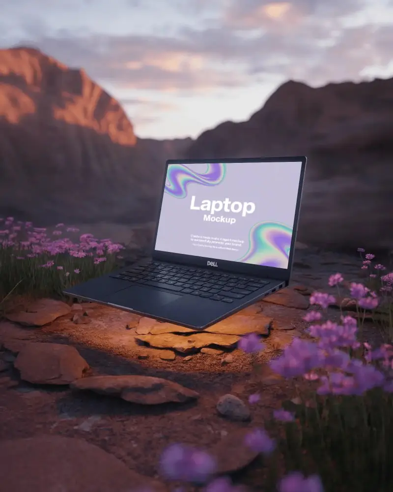 Dell Laptop Mockup Floating On Rocks In Mountain Landscape With Purple Flowers At Sunset
