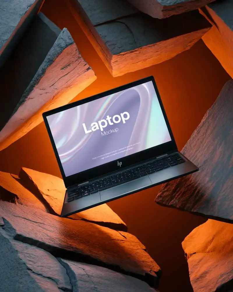 Hp Laptop Mockup Floating Above Cracked Stones With Glowing Orange Light And Dramatic Shadows