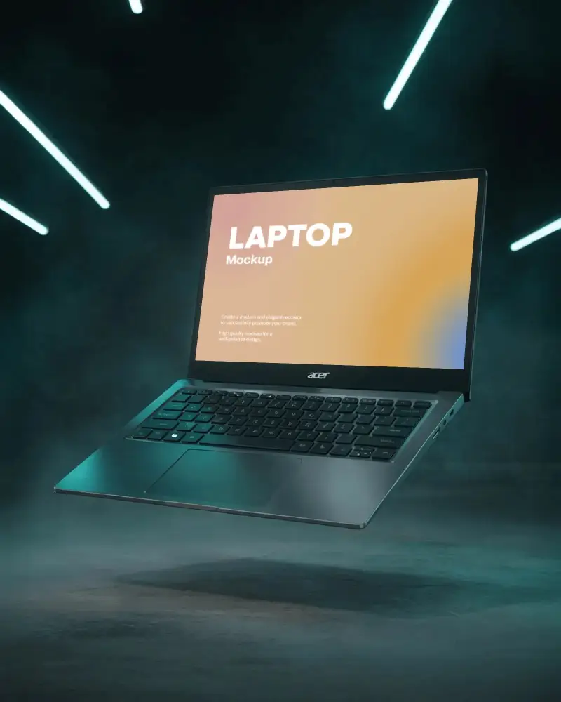 Acer Laptop Mockup Floating In Dark Studio With Blue Neon Lights And Modern Tech Vibes