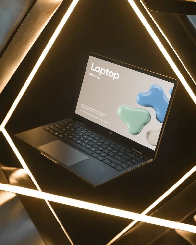 Hp Laptop Mockup Floating Inside Geometric Light Frame With Modern Futuristic Ambience