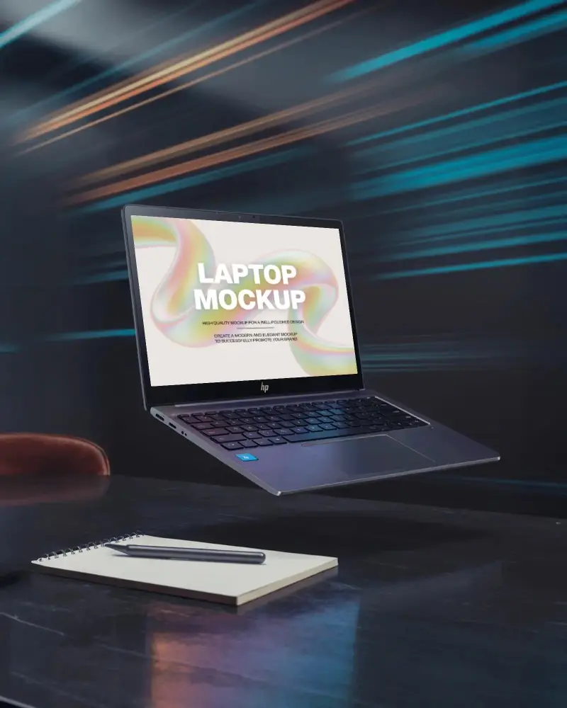 Hp Laptop Mockup Floating Above Desk With Notebook And Pen In Modern Office Light Trails