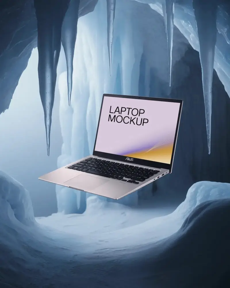 asus-lightweight-high-performance-laptop-mockup-floating-in-a-icy-cave-environment-showcase