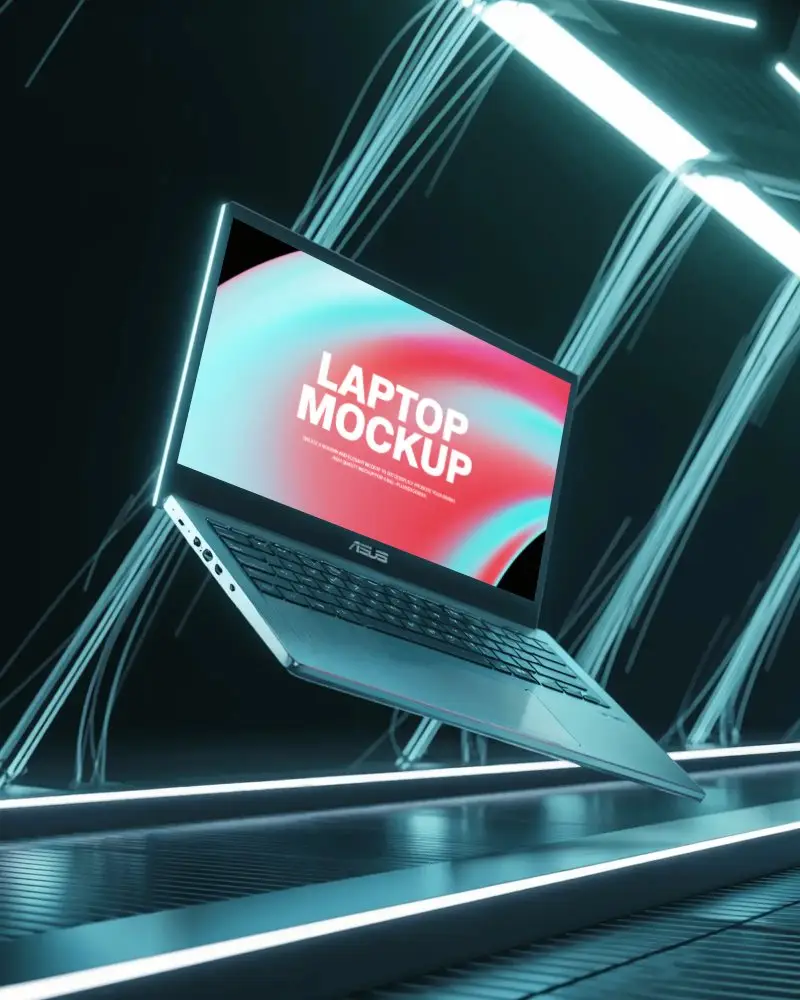 Asus Futuristic Laptop Mockup Showcasing Portable Technology With Dynamic Lighting Effects
