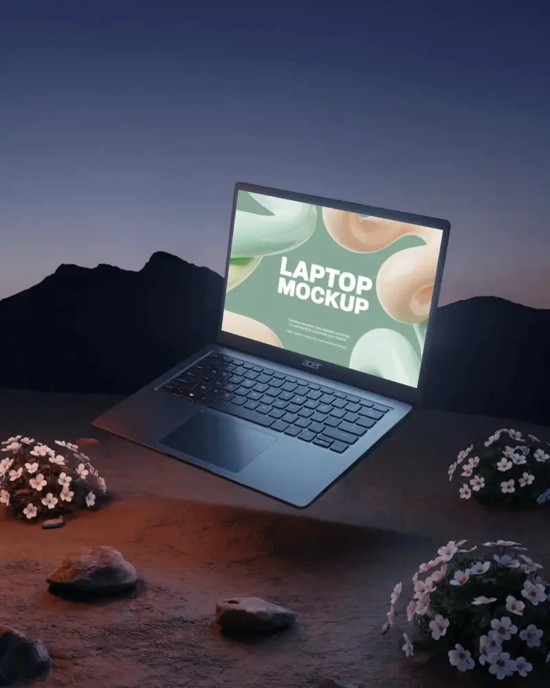Acer Sleek Modern Laptop Floating Over Zen Inspired Landscape With Rocks And Floral Elements