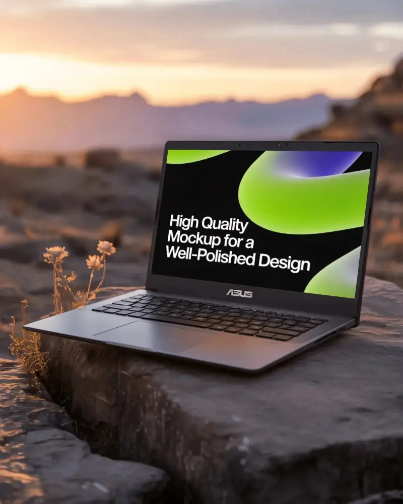Asus Modern Laptop Mockup On Rocky Surface Outdoor Sunset Background For Tech Presentations
