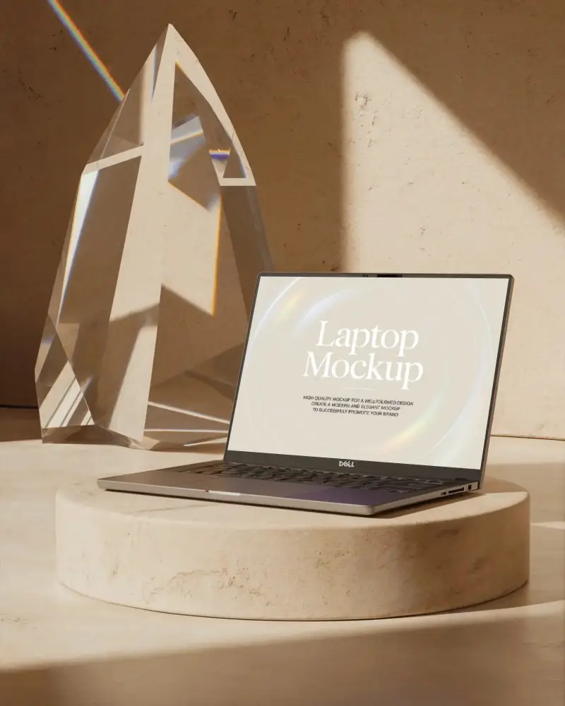 Dell Modern Laptop Mockup On Round Pedestal With Transparent Glass Decor For Promotional Use