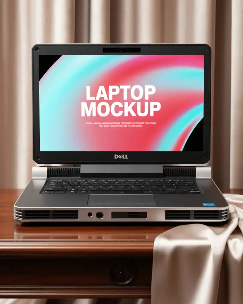 Dell Sleek Modern Laptop Mockup With Open Screen And Keyboard On Wooden Table Background