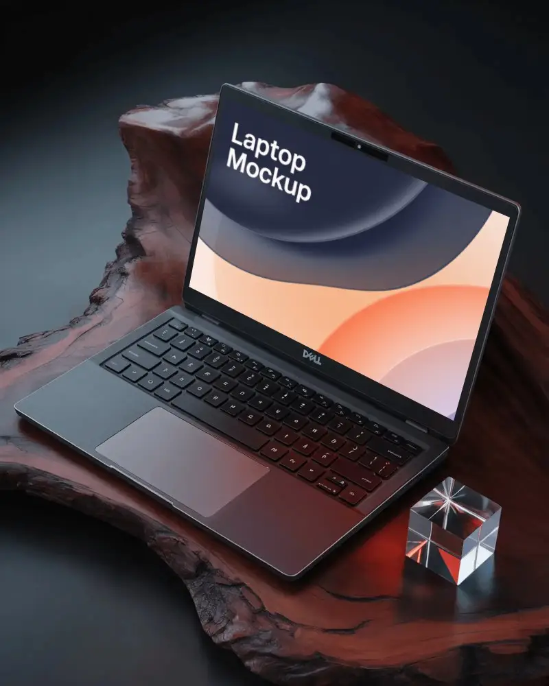 Dell Modern Minimalist Laptop Mockup With Blank Screen On Natural Wooden Surface For Design