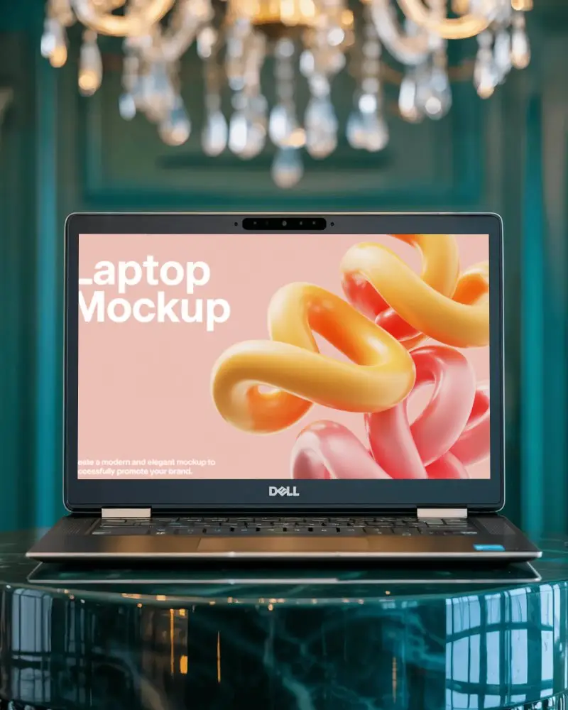 Dell Professional Laptop Device Mockup On Glossy Table With Transparent Black Screen