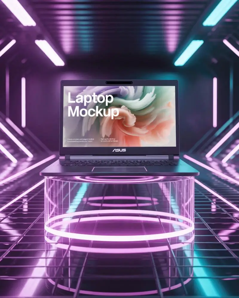 Asus Futuristic Laptop Mockup On Glowing Platform For Tech Presentations And Promotions