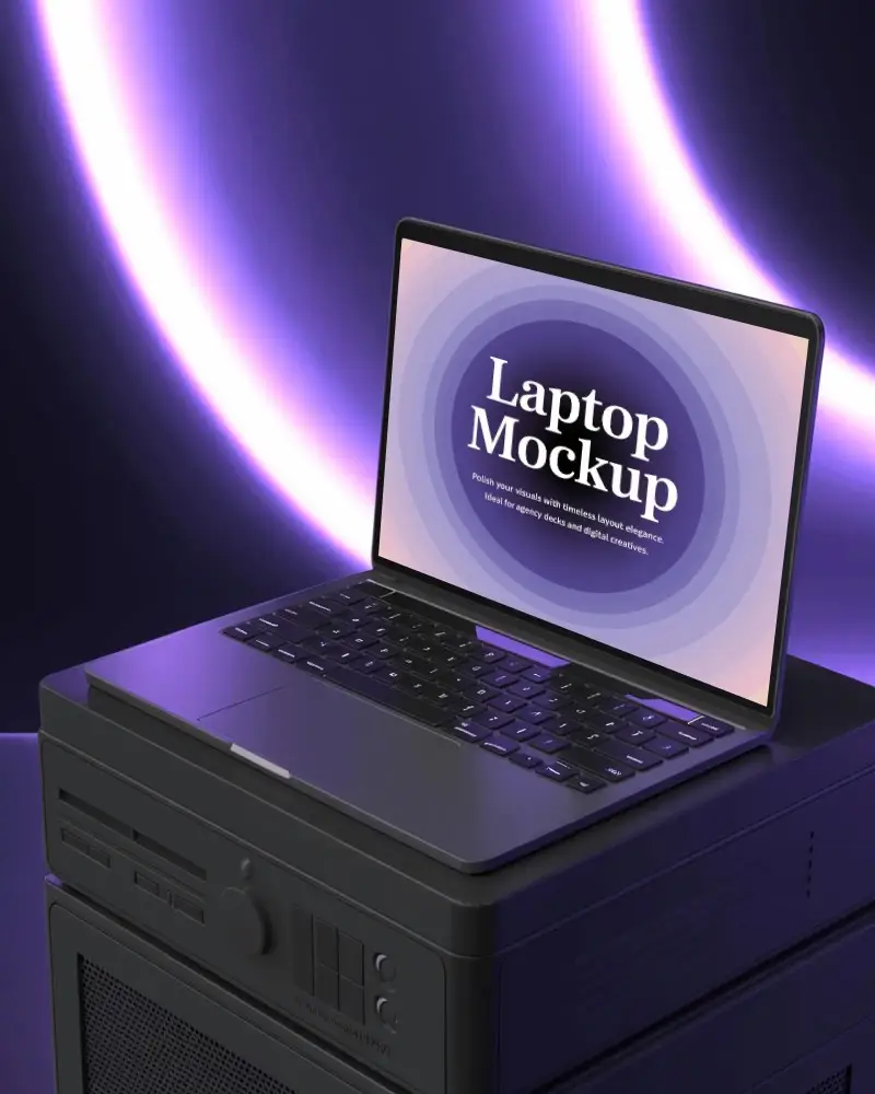 High Tech Laptop Mockup On Vintage Computer Tower With Digital Neon Light Ring Backdrop