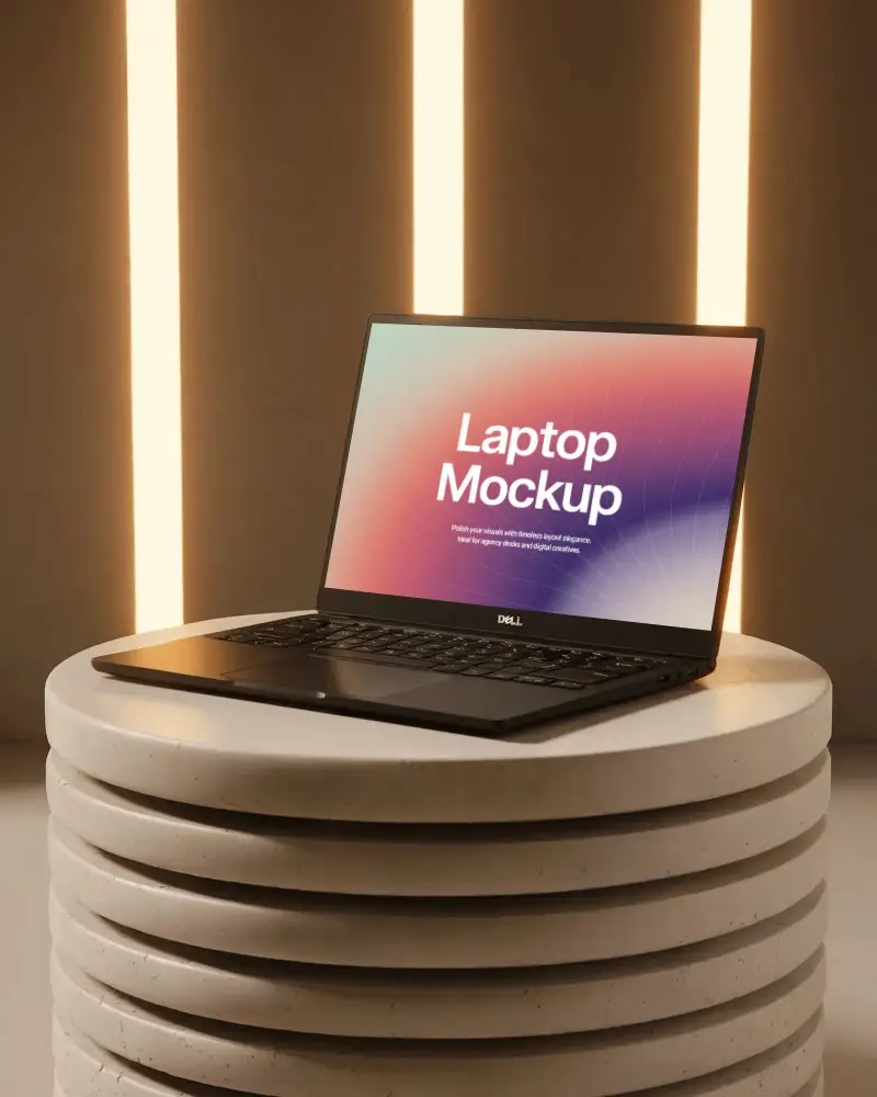 Dell Sleek Modern Laptop Mockup On Round Textured Pedestal With Vertical Light Strip Background
