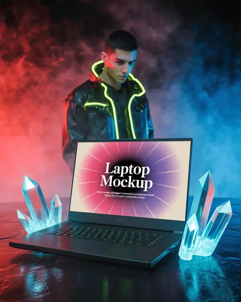 Futuristic Gaming Laptop Mockup With Glowing Crystals And Neon Smoke Background High Tech