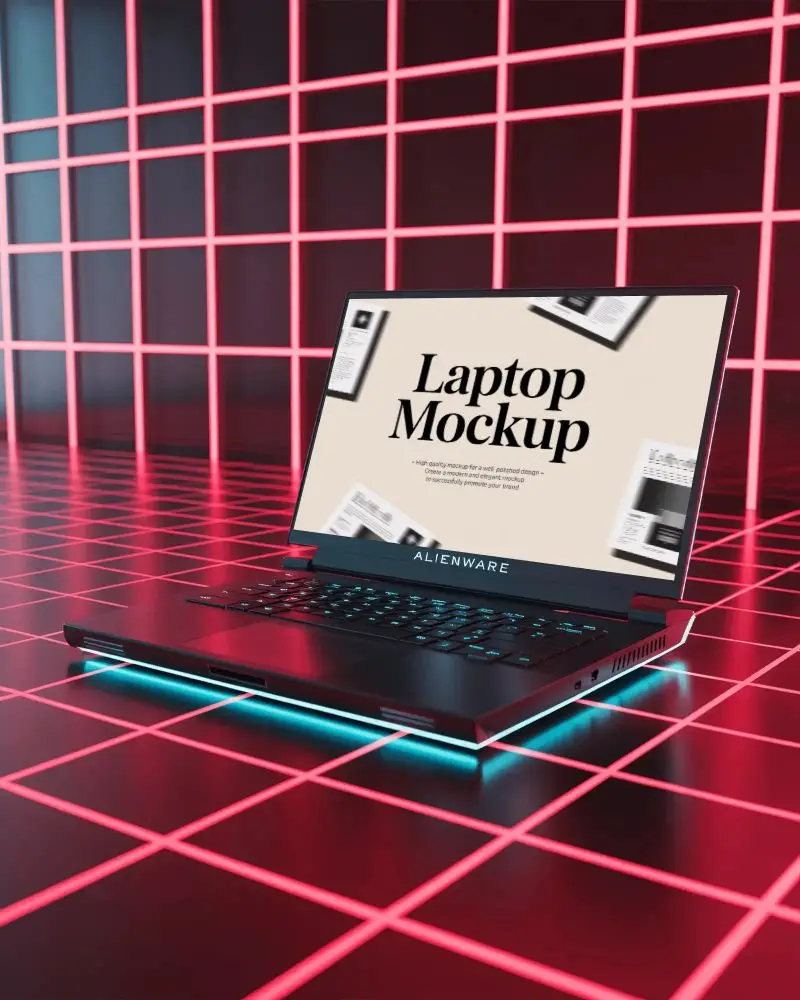 Sleek Portable Alienware Laptop Mockup Showcasing Gaming Hardware In Digital Grid Scene