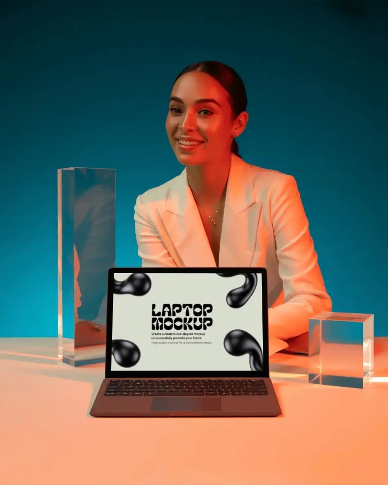 Professional Female With Laptop Mockup And Transparent Acrylic Blocks On Tabletop
