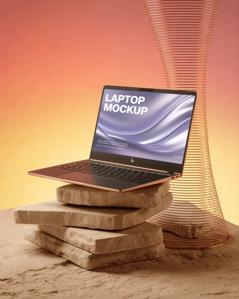 Sleek Ultra Thin Laptop Mockup On Stacked Rocks With Unique Abstract Background Design