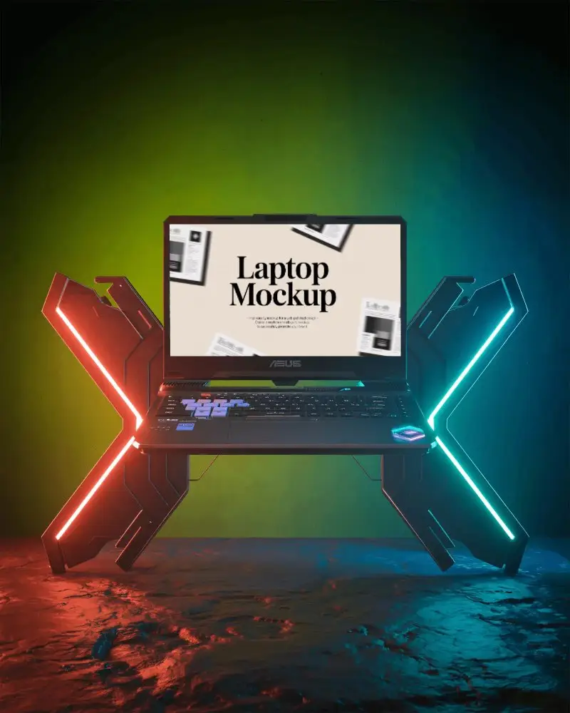 Floating Laptop Mockup With Digital X Stands And Blank Screen On Surreal Background
