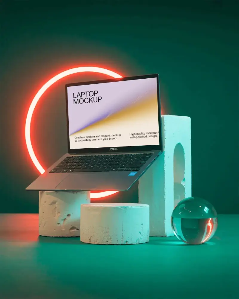 Modern Laptop Mockup On Abstract Pedestal With Neon Light Background For Design