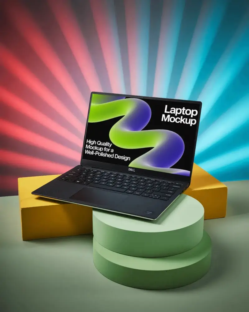 Dell Minimalist Laptop Mockup With Keyboard Layout On Round And Rectangular Stands