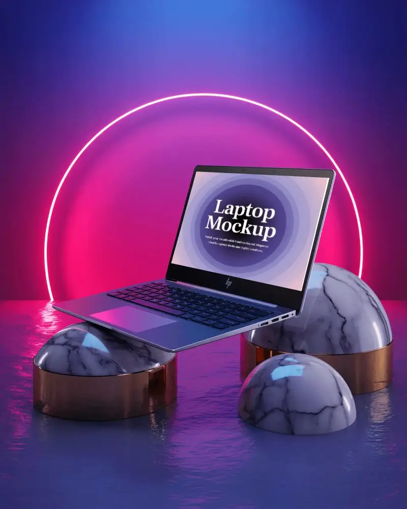 Hp High Quality Laptop Device Mockup On Marble Semi Spheres With Vibrant Neon Lighting