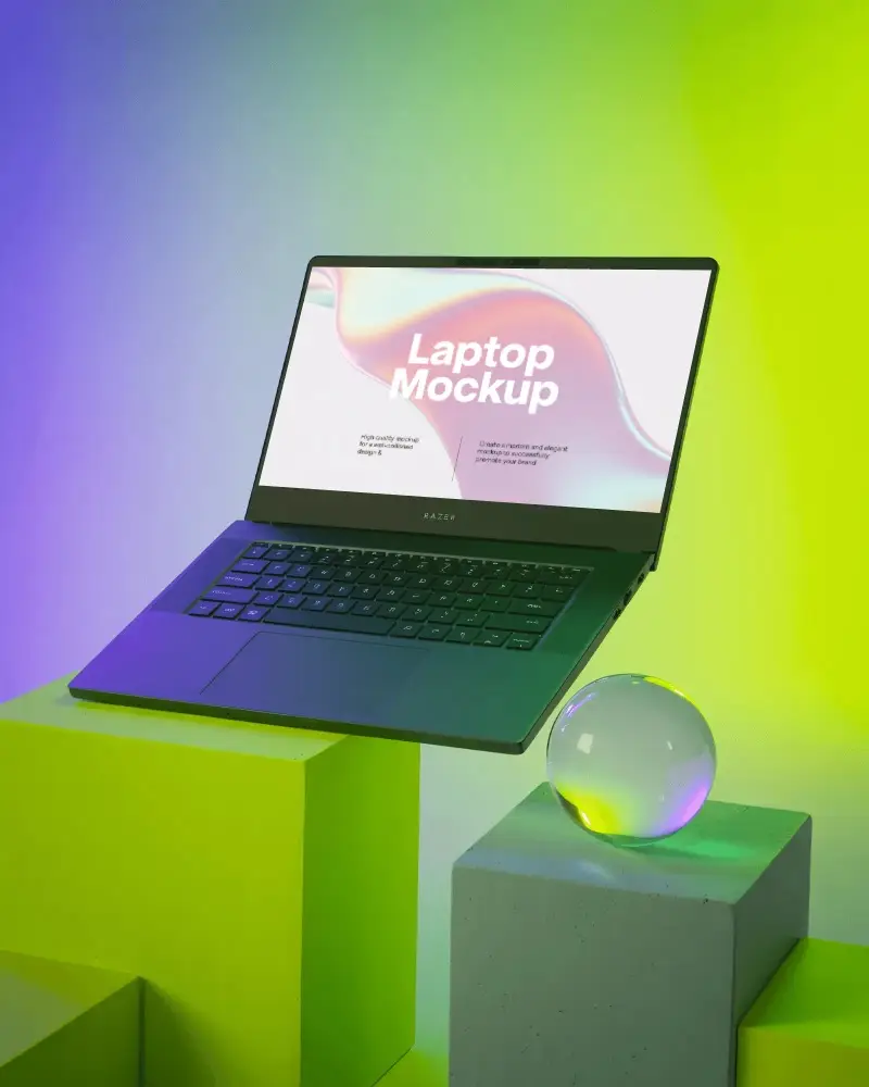Cutting Edge Laptop Mockup With Blank Screen Floating Above Abstract Geometric Blocks Setup