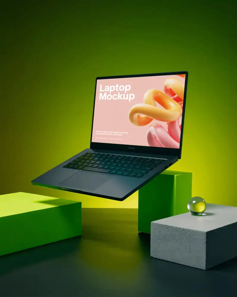 Sleek Modern Laptop Mockup Floating Above Geometric Blocks For Digital Design Showcase