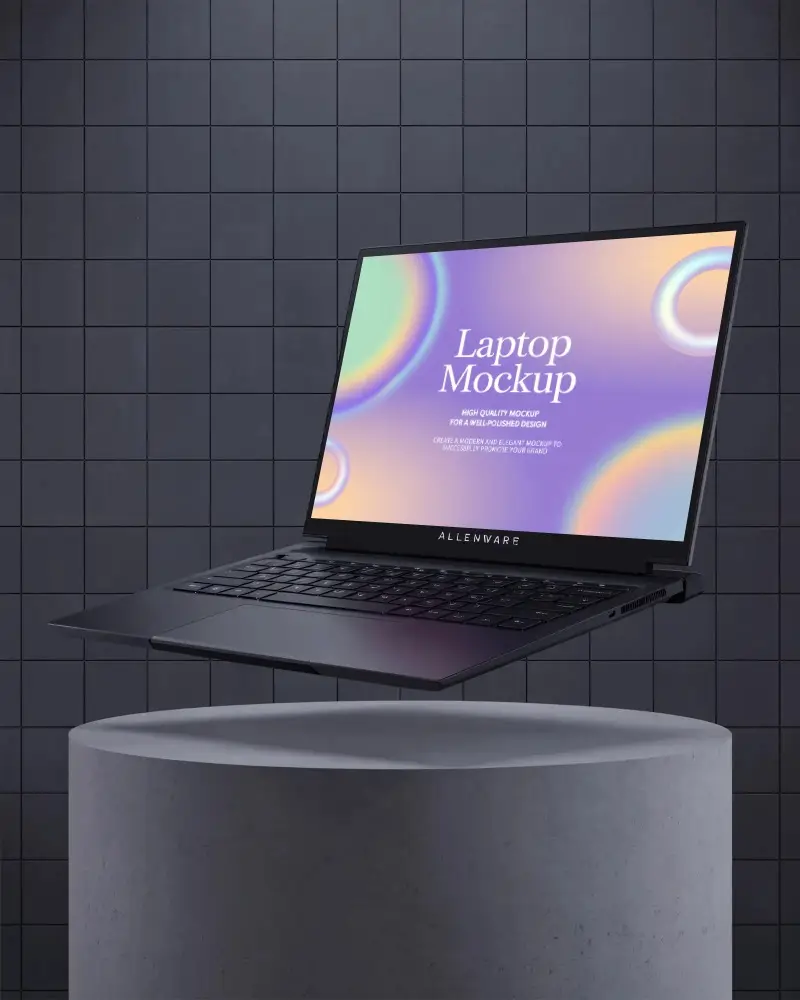 Modern Laptop Mockup Floating On Podium Tech Device Presentation Background