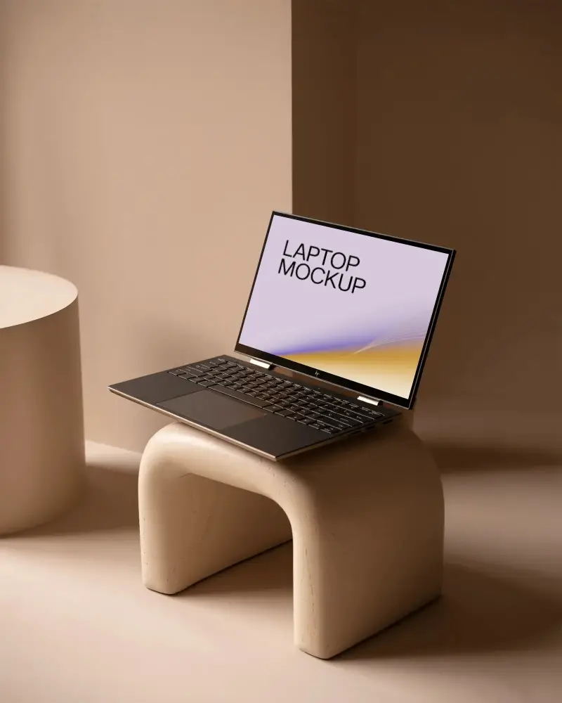 Modern Laptop Mockup With Blank Screen On Unique Arch Shape Table Stylish Tech Display