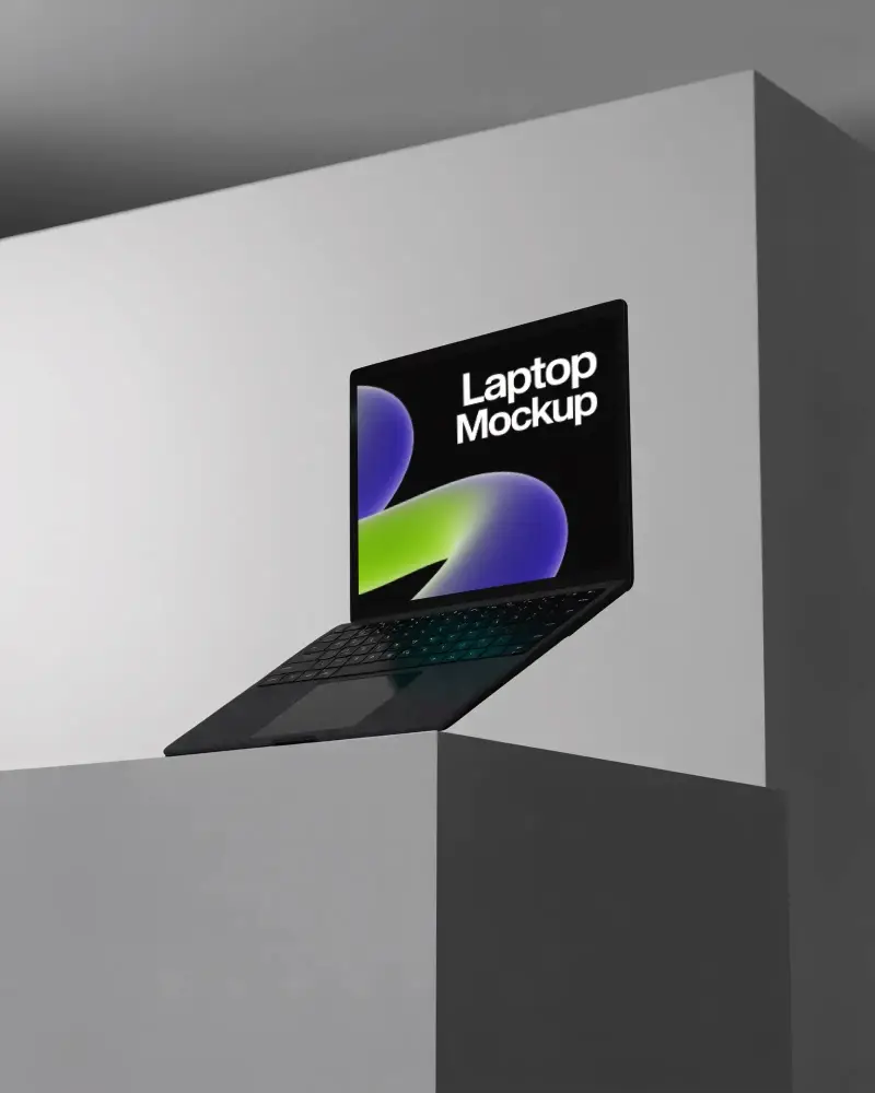 Modern Minimalist Laptop Mockup Floating Over Geometric Shapes For Product Display