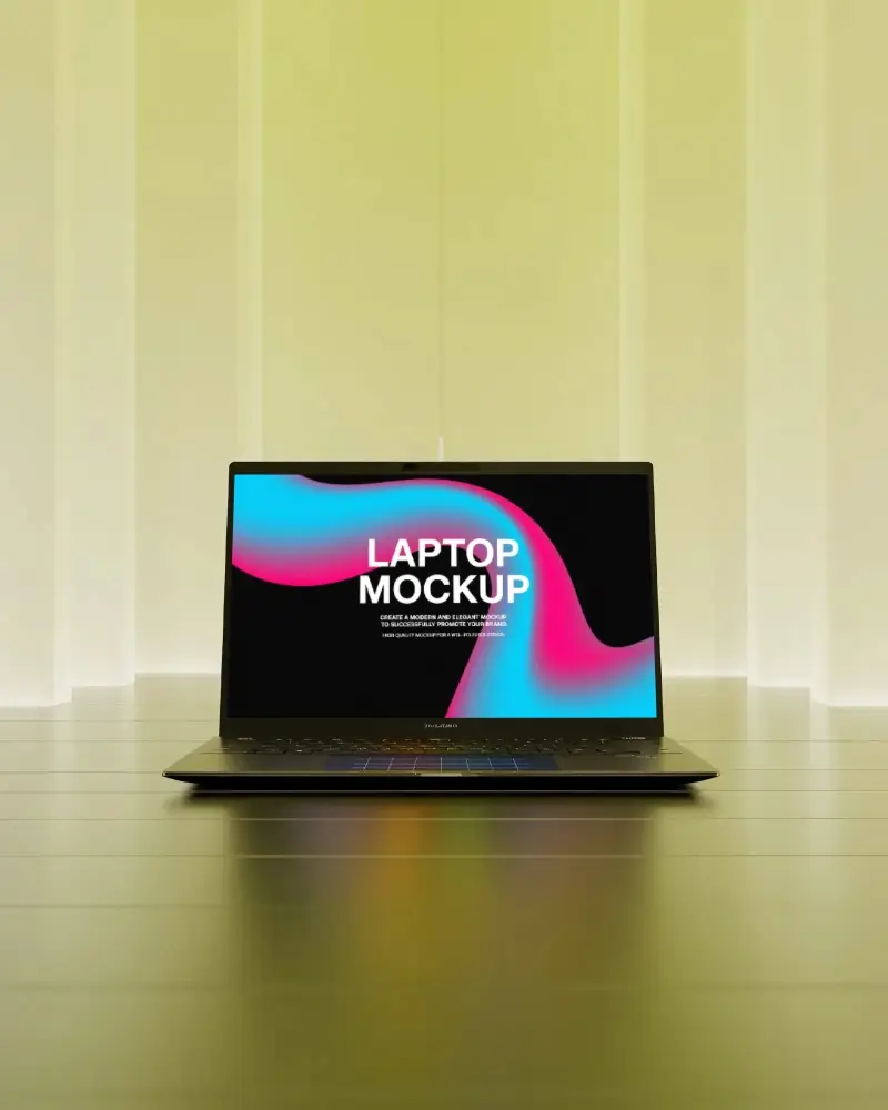 Sleek Modern Laptop Mockup On Minimalist Surface With Reflective Light Design Background