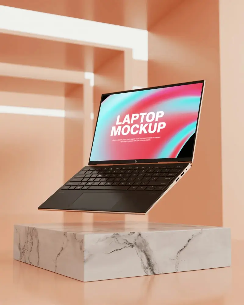 Thin Portable Laptop Mockup Keyboard In Air Above Marble Stand In Geometric Background