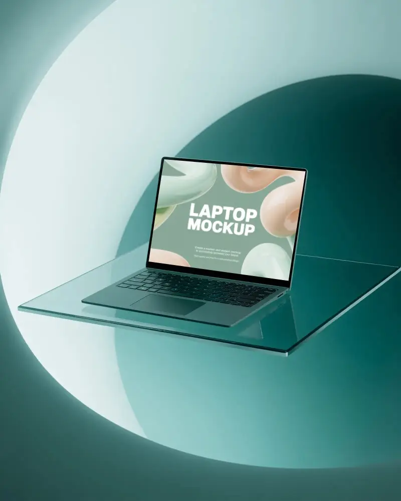 Sleek Modern Laptop Mockup Floating On Transparent Glass Platform For Digital Presentation